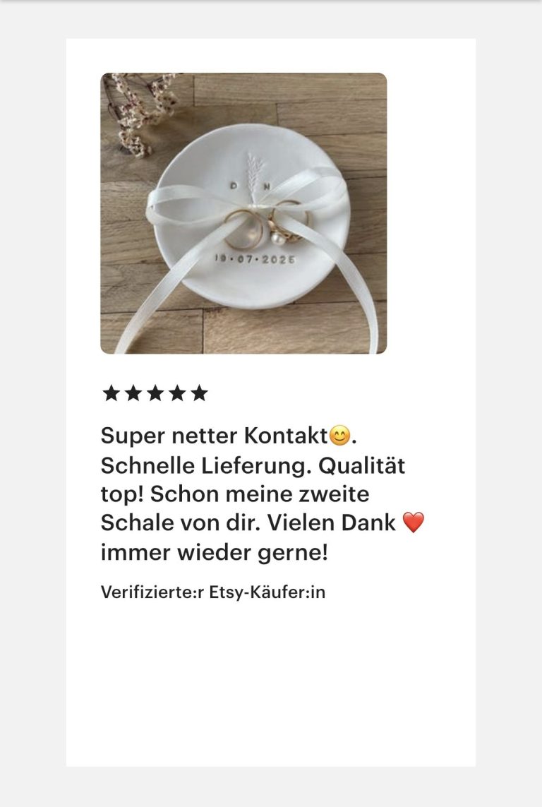 Meine Artikel, Ringschalen und Deko gibt es auch etsy Screenshot einer 5-Sterne-Bewertung auf Etsy.